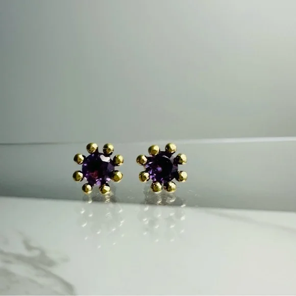 Gold Over Sterling Silver Amethyst Stud Earrings – Vintage Floral Design - Picture 8 of 12